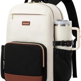 LOVEVOOK Laptop Backpack for Women with Pouch Pocket for Large Capacity Cup,15.6 Inch Laptop Computer Bag Travel Backpack Purse,Waterproof Work Business Backpack College Teacher Bags,Beige-Black-Brown
